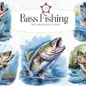 May include: Watercolor clipart set of five bass fish jumping out of the water. The fish are in various poses and have realistic details. The background is a blue watercolor wash with splashes of white.