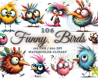 Funny Watercolor Birds Clipart Bundle (PNG)