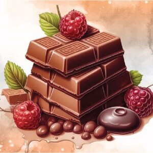 K&ouml;nnte beinhalten: Ein Stapel Schokoladentafeln, die mit Himbeeren belegt sind und von Schokoladenbonbons umgeben sind.