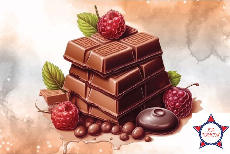 K&ouml;nnte beinhalten: Ein Stapel Schokoladentafeln, die mit Himbeeren belegt sind und von Schokoladenbonbons umgeben sind.