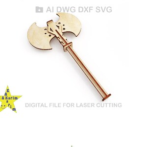 May include: A wooden axe with a double-headed blade and a long handle. The axe is made for laser cutting.