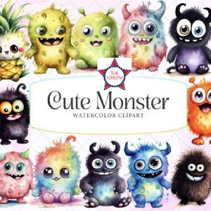 Clipart aquarelle de monstres mignons, Collection rétro, personnages ludiques, décor pour enfants, invitations à une fête, PNG de haute qualité, 300 dpi
