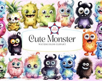 Cute Monsters Watercolor Clipart, Retro Collection, Playful Characters, Kids' Decor, Party Invitations, High-Quality PNGs, 300 dpi