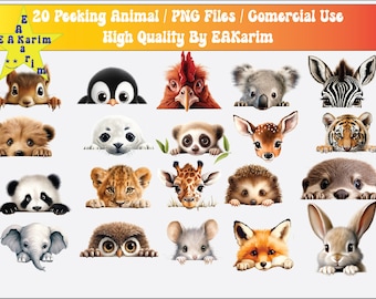 Cute Peeking Animals PNG BUNDLE sublimation design printable - Complete peeking Animals collection instant digital downloads