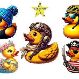 May include: A set of six colorful rubber duck toys. The ducks are wearing different accessories, including a blue beanie, aviator goggles, a pirate bandana, a mermaid tail, sunglasses, and a bicycle helmet.