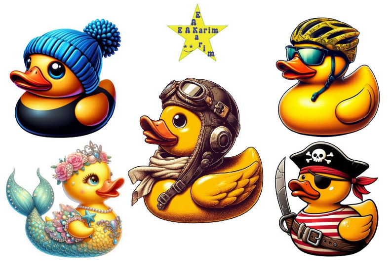 May include: A set of six colorful rubber duck toys. The ducks are wearing different accessories, including a blue beanie, aviator goggles, a pirate bandana, a mermaid tail, sunglasses, and a bicycle helmet.