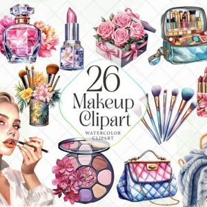 Watercolour Beauty Clipart Bundle, 26 Transparent PNG 300dpi, Makeup Artist, Cute Girly Pastel Pink Make Up, Digital Download Commercial Use