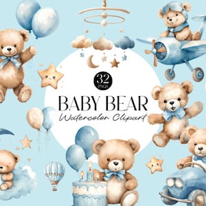 Dolce neonato, pacchetto di clipart di orsacchiotto blu - grafica per baby shower ad acquerello, arte digitale di alta qualità PNG