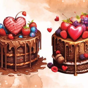 K&ouml;nnte beinhalten: Zwei Schokoladenkuchen, verziert mit Schokoladenfrosting, frischen Beeren und herzf&ouml;rmigen S&uuml;&szlig;igkeiten. Die Kuchen stehen auf einem hellbraunen Hintergrund.