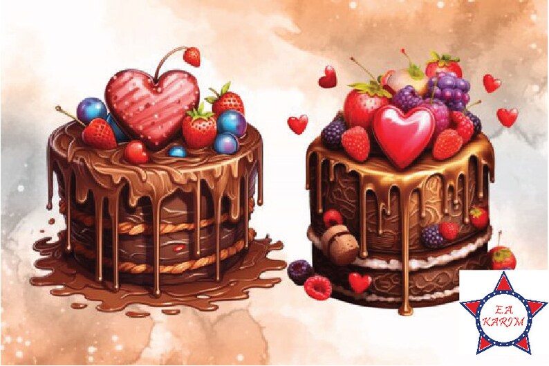 K&ouml;nnte beinhalten: Zwei Schokoladenkuchen, verziert mit Schokoladenfrosting, frischen Beeren und herzf&ouml;rmigen S&uuml;&szlig;igkeiten. Die Kuchen stehen auf einem hellbraunen Hintergrund.