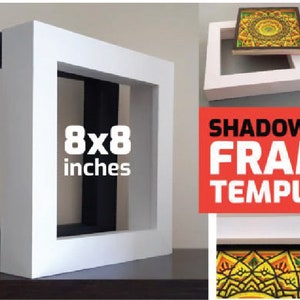 May include: White shadow box frame template for crafting. The frame is 8x8 inches and is shown with a colorful mandala design inside. The template is available in SVG, DXF, DWG, EPS, AI, PNG, and PDF formats.