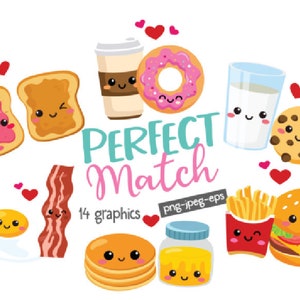 Perfektes Match Kawaii Clipart Set - Perfect Match Bundle süßes Essen Clipart Bester Freund Valentine Liebe Freundschaft Vday Clipart Food Pairs