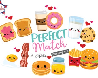 Perfect Match Kawaii Clipart Set - Perfect Match Bundle cute food clipart Best Friend Valentine Love Friendship Vday Clipart Food Pairs