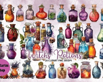 May include: Watercolor illustration of various potion bottles in shades of orange, purple, blue, and green. Some bottles have cork stoppers, and the text "Witch's Potions" is visible. 28 clipart images are included.
