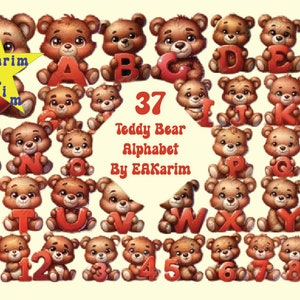 Teddy Bear Alphabet Clipart, Bear Letters, Bear Birthday, Sublimation Design, Bear Alphabet Number Graphics, Birthday, Baby Shower, PNG