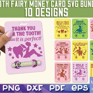 Tooth Fairy Money Card, Svg, Png, Dxf, Eps and Pdf files, Instant Download, Fully editable tooth fairy set