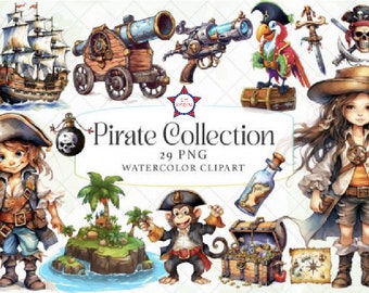 Pirate Adventure Watercolor Clipart, Pirate Head, Pirates Bundle, Pirate ships, PNG Download with Commercial Use for DIY Craft Project