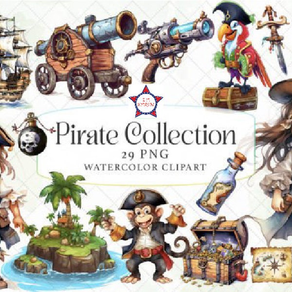 Pirate Adventure Watercolor Clipart, Pirate Head, Pirates Bundle, Pirate ships, PNG Download with Commercial Use for DIY Craft Project