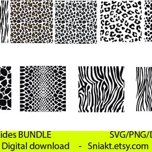 May include: A digital download bundle of 8 animal hide patterns. The patterns include zebra, leopard, snake, and giraffe prints. The patterns are black and white, brown and white, and black and brown.