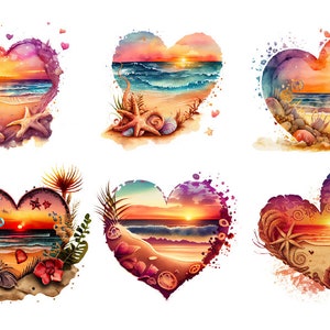 Watercolor Beach Sunsets Clipart, Heart clipart, Sun watercolor, Sunset, Digital Graphics for commercial use instant download commercial use