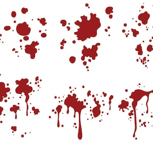 May include: Red blood splatter and drips on a white background. The blood is in various shapes and sizes, some are round and some are more irregular.