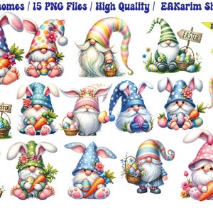 Aquarell Osterzwerg Sammlung Clipart, 15 PNG Ostern Clipart, Osterzwerg Clipart Bundle, Frühlingszwerg, Blumenzwerg, kommerzielle Nutzung