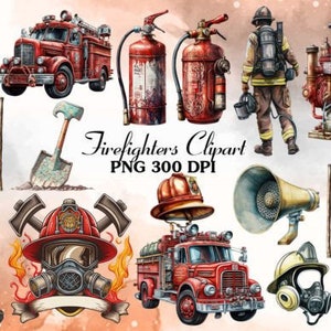 May include: A set of firefighter clipart illustrations, including a fire engine, firefighters, fire extinguishers, a shovel, a fire hydrant, a fire hose, a helmet, and a gas mask. The illustrations are in a watercolour style and are perfect for creating digital or printed projects.