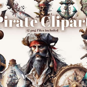 Pirate Clipart Bundle - 12 Watercolor Pirate PNGs - Digital Download for Pirate Decor, Baby Shower Invitations, DYI Project - Commercial Use