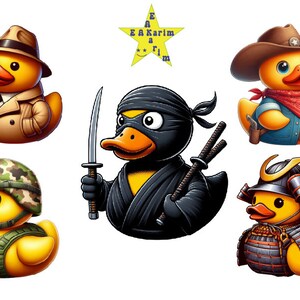 May include: Five rubber duckies dressed up in different costumes. A detective duck wearing a trench coat and fedora, a soldier duck wearing camouflage, a cowboy duck wearing a bandana and a hat, a ninja duck wearing a black suit and a mask, and a samurai duck wearing armor.
