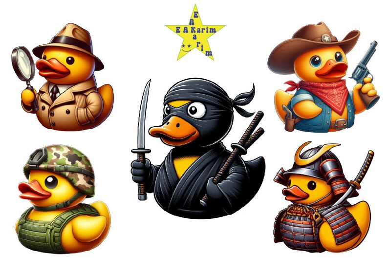 May include: Five rubber duckies dressed up in different costumes. A detective duck wearing a trench coat and fedora, a soldier duck wearing camouflage, a cowboy duck wearing a bandana and a hat, a ninja duck wearing a black suit and a mask, and a samurai duck wearing armor.