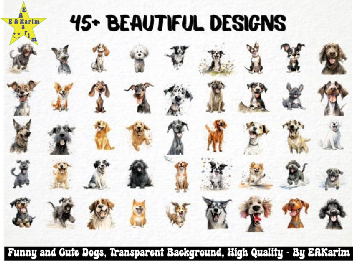 Funny and Cute Dog Clipart Bundle, Dogs PNG, Watercolor Puppy Graphics ...