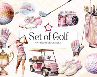 Acuarela Golf clipart, Trofeo, Golf Cart Stick Ball, Deportes clipart, sublimar png, Descarga instantánea Etiqueta engomada del planificador, Club de golf, uso comercial