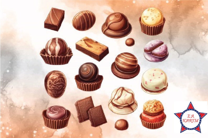 K&ouml;nnte beinhalten: Sortiment von Schokoladenbonbons in verschiedenen Formen und Farben, darunter runde, quadratische und herzf&ouml;rmige. Einige Bonbons sind mit wei&szlig;er Schokolade &uuml;berzogen oder haben ein Spiralmuster. Die Bonbons sind auf einem hellbraunen Hintergrund angeordnet.