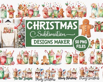 May include: A collection of Christmas-themed sublimation designs featuring watercolor illustrations. The designs include gingerbread men, festive drinks, and holiday decorations. The image also shows a long-sleeved shirt with a design and the text "CHRISTMAS Sublimation DESIGNS MAKER 50 PNG FILES."