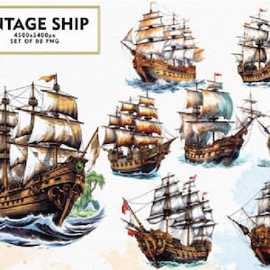 Ship Watercolor Clipart, Majestic ship style, Magical clipart, War ship Bundle PNG, Royal ship clipart, Celestial, Instant Download