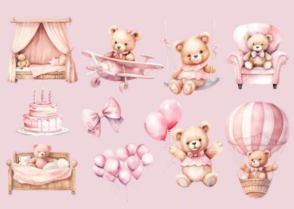Watercolor Pink Teddy Bear Clipart Bundle, Baby Shower for a Girl ...