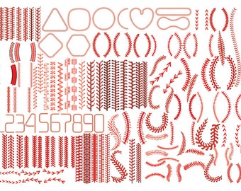 May include: A set of red and white baseball stitch designs, including numbers, arrows, borders, and various shapes. These designs can be used for crafting, scrapbooking, or other creative projects.