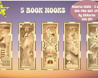 3D Book nooks bundle, Laser cut book holder designs, fairytale book shelf decor glowforge, wooden book nook, layered shelf insert laser cut