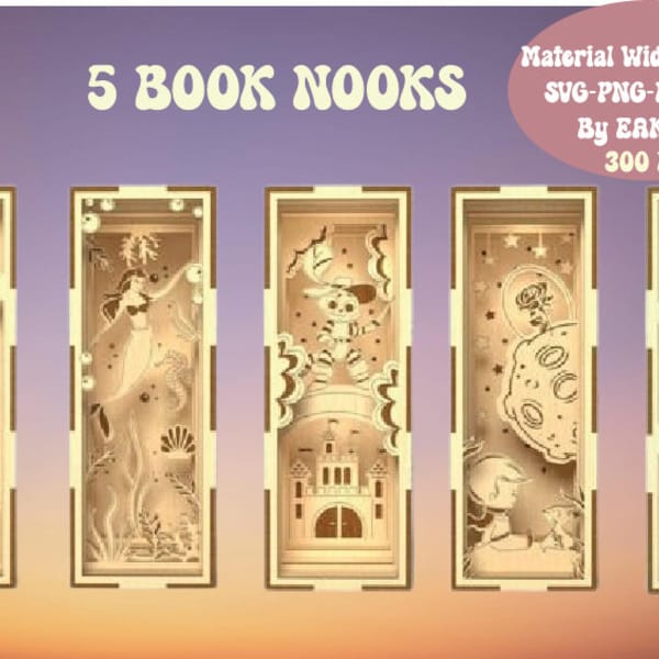 3D Book nooks bundle, Laser cut book holder designs, fairytale book shelf decor glowforge, wooden book nook, layered shelf insert laser cut