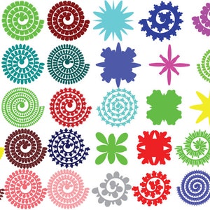 K&ouml;nnte beinhalten: Eine Sammlung von 25 bunten, dekorativen Papierschnitten. Die Designs umfassen Spiralen, Sterne und Blumen. Die Designs sind alle in verschiedenen Farben und Gr&ouml;&szlig;en.