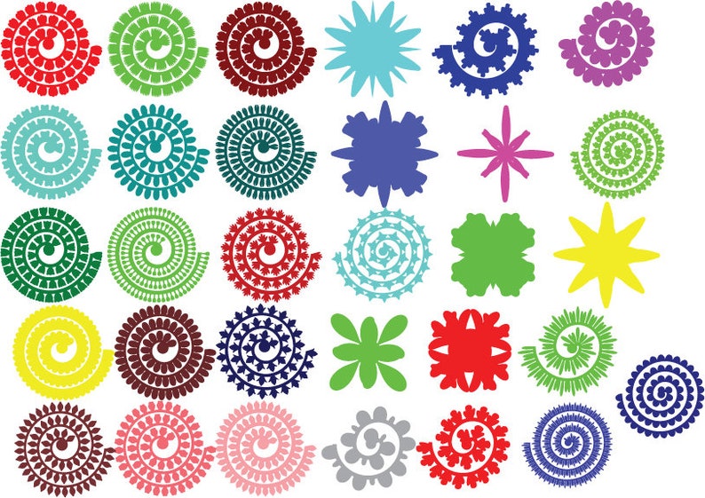 K&ouml;nnte beinhalten: Eine Sammlung von 25 bunten, dekorativen Papierschnitten. Die Designs umfassen Spiralen, Sterne und Blumen. Die Designs sind alle in verschiedenen Farben und Gr&ouml;&szlig;en.