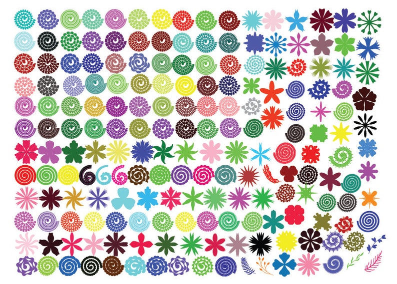 K&ouml;nnte beinhalten: Eine Sammlung von 100 bunten digitalen Papierblumen- und Spiralmustern. Die Designs sind in verschiedenen Farben, darunter Rot, Blau, Gr&uuml;n, Gelb, Lila und Pink. Die Designs sind perfekt f&uuml;r Scrapbooking, Kartenherstellung und andere Papierarbeiten.