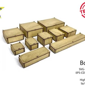 Op de afbeelding: Een set van negen houten dozen in verschillende maten, allemaal met een lichtbruine afwerking en ingewikkelde details. De dozen zijn in een verspringend patroon gerangschikt, met de grootste doos bovenaan en de kleinste doos onderaan. De dozen zijn gelabeld met "Dozen" en "Hoge kwaliteit door EAKarim".