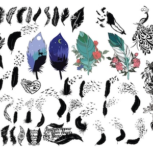 48 FEATHERS SVG BUNDLE. Peacock svg Birds Feather svg. Feather Png Silhouette for cricut cut file. Boho Svg, Png. Feather earring.