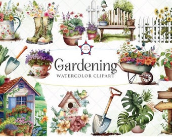 May include: Watercolor clipart set featuring gardening tools, plants, flowers, a birdhouse, a wheelbarrow, a shed, and a bench. The set is titled "Gardening Watercolor Clipart".