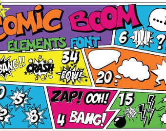 Op de afbeelding: Een kleurrijk lettertype in comic-stijl met de woorden "COMIC BOOM" in grote letters. Het lettertype bevat verschillende geluidseffecten zoals "BANG!" en "CRASH!" evenals nummers en spraakballonnen.