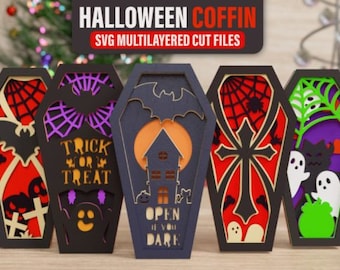 Halloween Coffins Svg Bundle, Pumpkin Coffin Svg, Black Cat Coffin, Spooky House Coffin Svg, Halloween Decor, Glowforge Svg, File for Cricut
