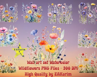 Paquete de imágenes prediseñadas de flores silvestres de acuarela, conjunto de imágenes prediseñadas florales, flores silvestres de verano PNG, ramo de flores silvestres SVG, arreglo floral, flor PNG