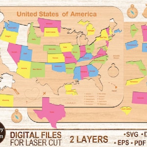 May include: A wooden puzzle of the United States of America with each state a different color. The puzzle is made of two layers and includes digital files for laser cutting. The text "Made by EAKarim" and "DIGITAL FILES FOR LASER CUT 2 LAYERS" is included on the puzzle.