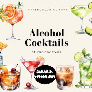 Watercolour Cocktail Clipart, High Quality, Signature Cocktail, Alcohol Illustrations, Alcoholic Drinks, Instant download
